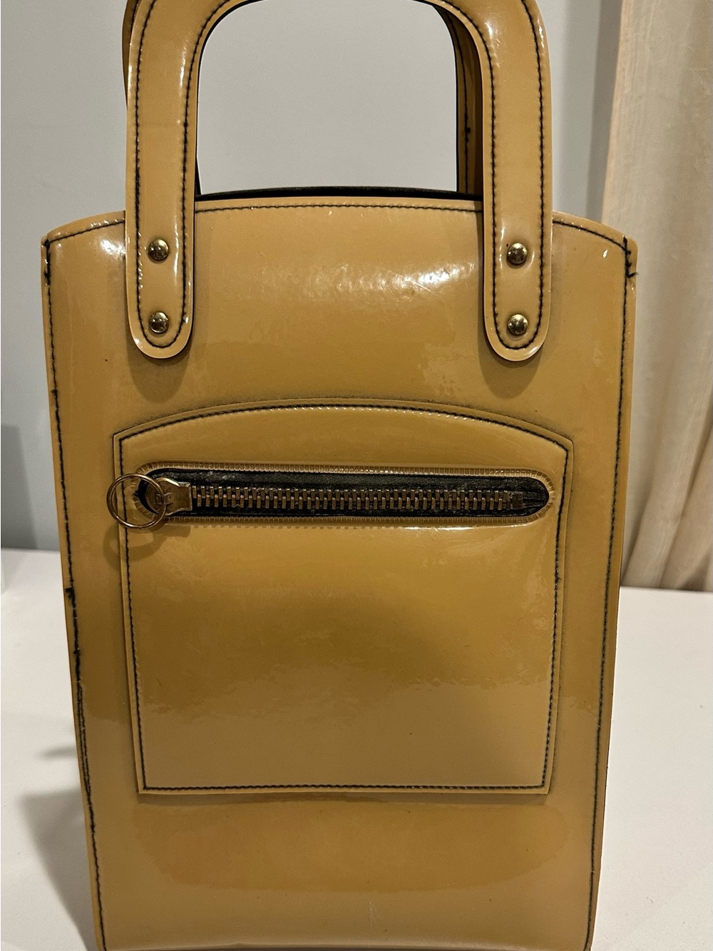 Vintage Sleek Patent Yellow Tote Bag with Front Zip Pocket